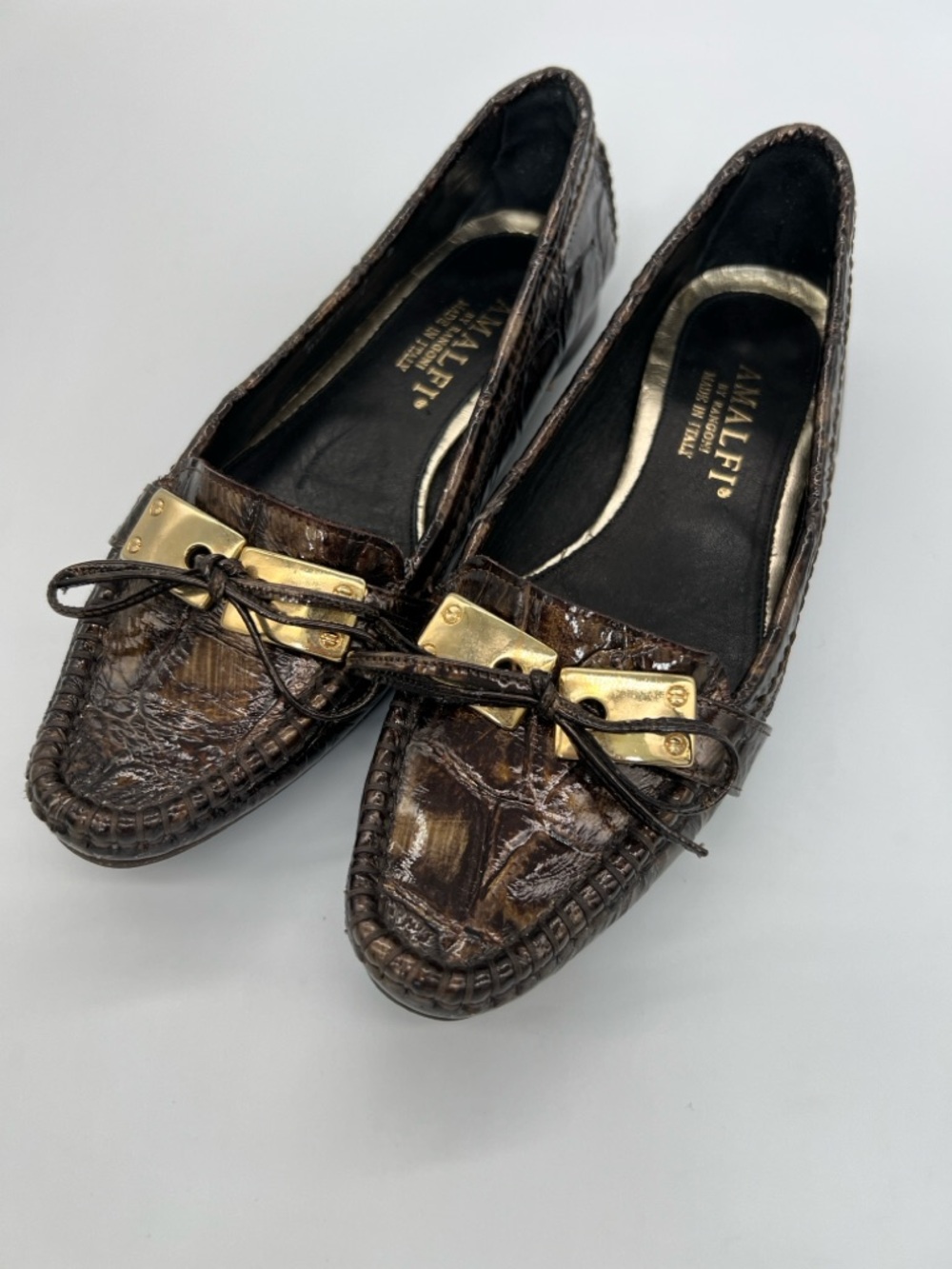 Amalfi Dark Brown Croc-Embossed Leather Loafers with Gold Accent - Picture 2 of 6